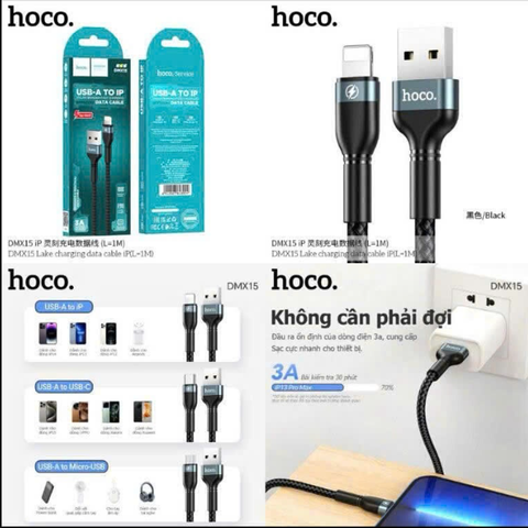 Cáp sạc nhanh 3A HOCO DM-X15 Usb ra Iphone (A-L) dây dù siêu đẹp