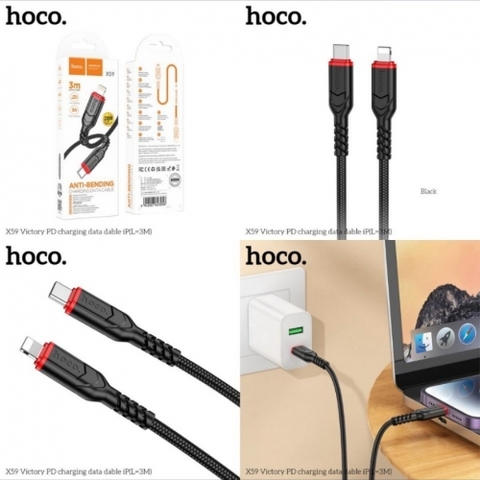 Cáp sạc nhanh dài 3m Hoco X59 Type C ra Iphone (C-L 3m) dây dù chính hãng [BH 1 Năm]