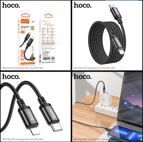 Cáp sạc nhanh 27W HOCO X89 (c-l 2m) Cáp dây dù Type C ra Iphone DÀI 2M chính hãng