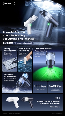 Máy hút bụi không dây cầm tay mini Remax XC-2 pin 1500mAh chính hãng [BH 3 tháng]