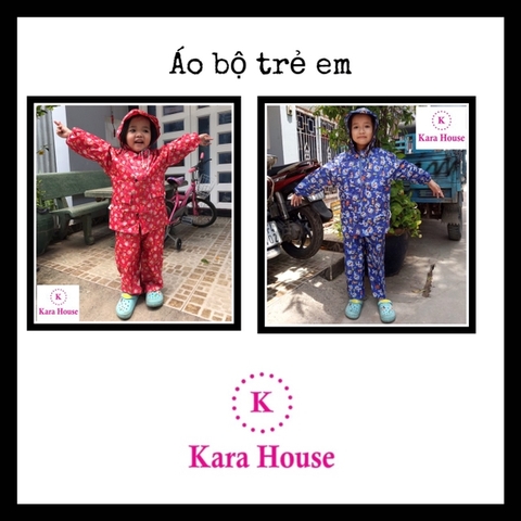 Áo mưa bộ (quần áo) trẻ em Karahouse/ CHÚC SEN size số 4 - cho bé 9-10 tuổi, (Cao 120-130cm) Áo dài 53cm, Rộng 45cm, quần 75cm , Tay áo 28cm, Nón 27cm / pktn sale