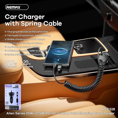 Cóc sạc nhanh xe hơi 22.5W Remax RCC328 (2 cổng usb, 1 cổng type c) PD+QC 20W tẩu sạc tích hợp cáp xoắn đa năng type c vs iphone lightning siêu đẹp chính hãng [BH 1 năm]