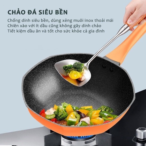 Chảo đá ĐA GIÁC chống dính sâu lòng size 33cm  có nắp kính tiện lợi [BH: NONE]