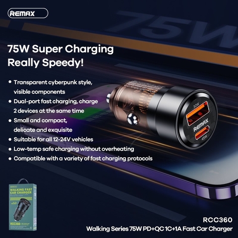 Cóc sạc nhanh xe hơi 75w 2 cổng Remax RCC-360 (1 cổng USB A PD vs 1 cổng Type C QC) chính hãng [BH 1 Năm]