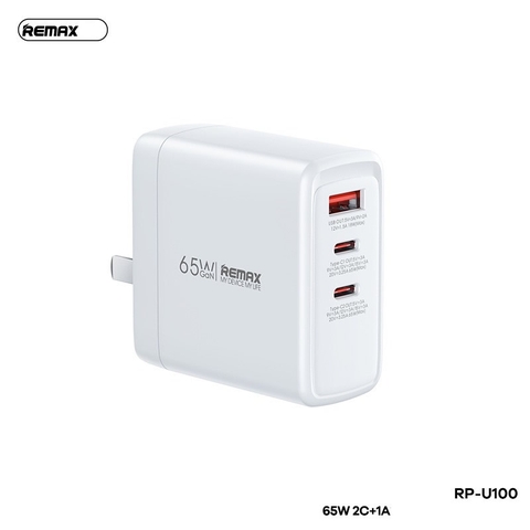 Cóc sạc nhanh 65W Remax RP-U100 GaN 3 Cổng (2 cổng Type C PD65W+ 1 Cổng USB QC3.0) Chính hãng [BH: 1 NĂM]