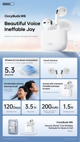Tai nghe bluetooth Remax Cozybuds W6 kiểu dáng airpods True Wireless chính hãng [BH 1 Năm]