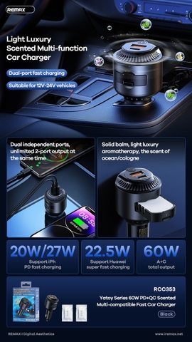 Cóc sạc nhanh xe hơi 60w khuếch tán nước hoa REMAX RCC353 (1 cổng USB A PD vs 1 cổng Type C QC) cho ô tô chính hãng [BH 1 năm] / pktn sale