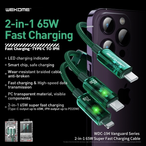 Cáp sạc nhanh 65w đa năng Wekome WDC-194 2 in 1 (1 đầu C ra 2 đầu L vs C) (Type C ra iPhone Lightning vs Type-C - như 2 đầu type c) chính hãng [BH 1 năm]