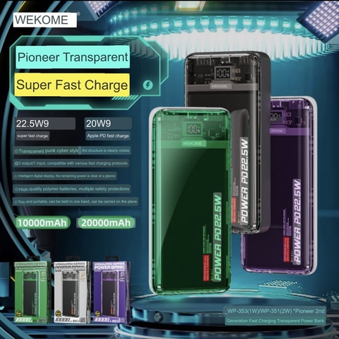 Pin sạc nhanh 22.5w Wekome WP-353 10.000mAh trong suốt lộ mạch dự phòng QC3.0+PD 22.5W chính hãng [BH 1 năm]
