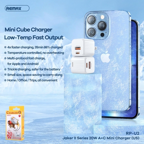 Cóc sạc nhanh 20w 2 cổng Remax RP-U2 {1 cổng usb QC3.0 max 18w + 1 cổng Type C PD20W} US chính hãng [BH: 1 NĂM]