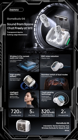 Tai nghe bluetooth Remax GameBuds G6 V5.3 kiểu dáng airpods chính hãng [BH 1 năm]