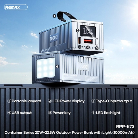 Pin sạc nhanh 22.5w Remax RPP-673 10.000mAh Container dự phòng có màn hình led, đèn pin QC3.0+PD20W chính hãng [BH: 1 năm]