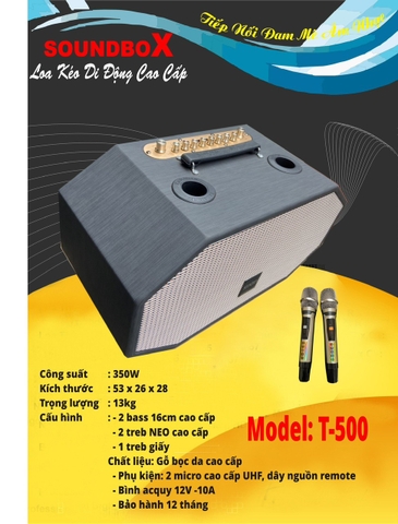 Loa kéo SoundBox T-500 350w 2 bass 16cm gỗ bọc da cao cấp kèm 2 micro UHF không dây hát karaoke T500 [BH 1 năm]