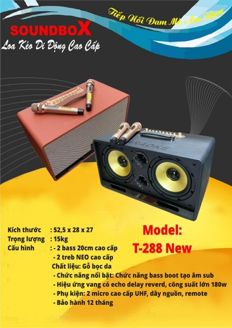 Loa kéo Soundbox T-288 NEW 2 bass 20cm, gỗ bọc da di động karaoke siêu hay bluetooth kèm 2 micro không dây UHF T288 [BH 1 năm]