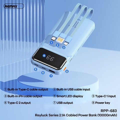 Pin sạc dự phòng REMAX RPP-683 10.000mAh 2.1A kèm cáp liền pin chính hãng [BH 1 năm]