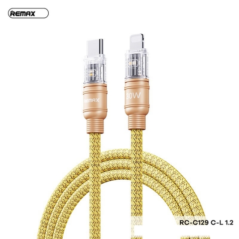 Cáp sạc nhanh 30w REMAX RC-C129 (c-l 1.2m) type c ra iphone lightning có đèn led báo sạc chính hãng [BH 1 năm]