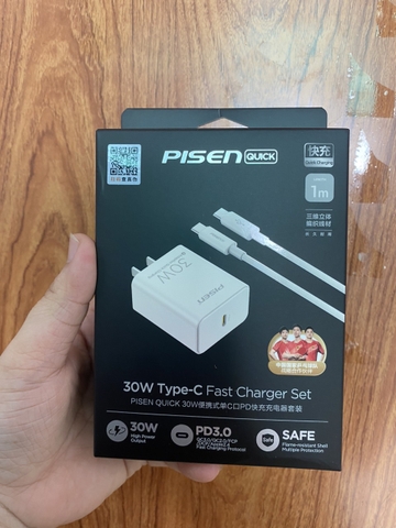 Bộ sạc nhanh 30w PISEN kèm cáp Type C ra Type C dây dù  (2 đầu C) cho Iphone 15, 15pro, 15 promax [BH: 1 NĂM]