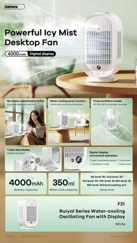 Quạt để bàn phun sương Remax F21 dung tích 350ml chính hãng tiện lợi [BH: 1 NĂM]