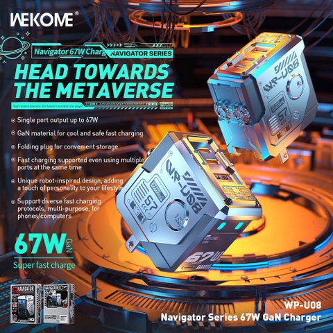 Cóc sạc nhanh 67W Wekome WP-U08 US 3 cổng ( 1 cổng USB QC3.0+ 2 cổng Type C PD67W) chính hãng [BH: 1 NĂM]