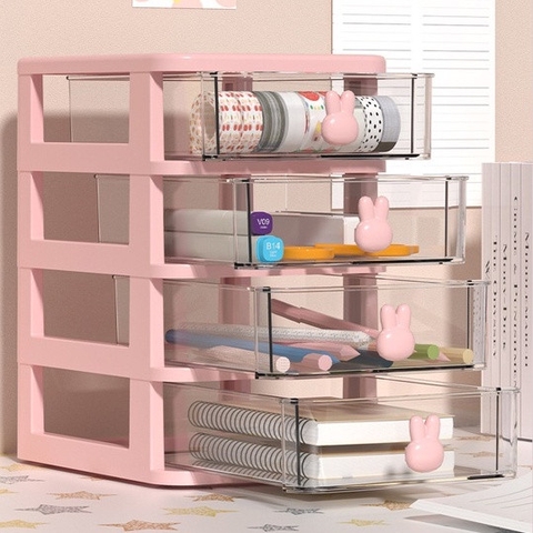 Kệ nhựa LOGO MẶT THỎ trong suốt 4 tầng đựng mỹ phẩm, đồ dùng, văn phòng phẩm đa năng