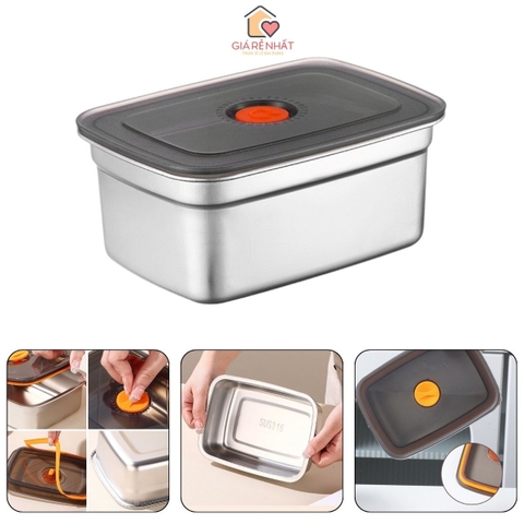 Hộp inox 304 đựng thực phẩm 1200ml có nắp nhựa xám đậy kèm ron siêu kín 19cm x7.5cm x 13cm [BH: NONE]