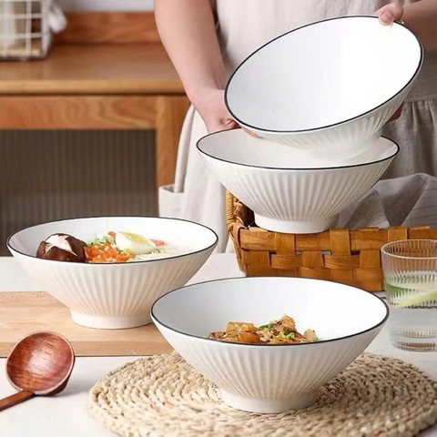 Tô loe 8 họa tiết vân nổi chống trượt size 19.5cm (tô trắng viền đen) siêu sang [BH: NONE]
