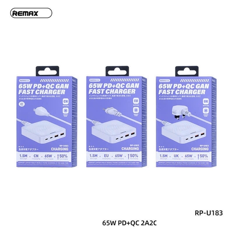 Cóc sạc nhanh 65W Remax RPP-U183 CN ( 2 Cổng Type C, 2 cổng USB) dây dài 1.5m [BH: 1 NĂM]
