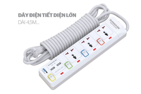 Ổ cắm điện Sunhouse OC2-3RU gồm 3 ổ cắm công tắc riêng biệt + 2 cổng usb [BH: 1 Tuần]