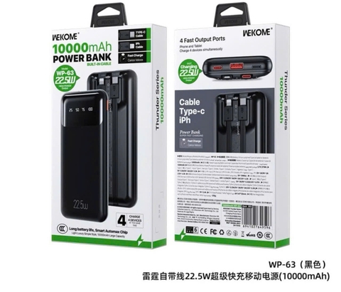 Pin Sạc dự phòng 22.5W WEKOME WP-63, dung lượng  10000mAh kèm cáp liền thân, màn hình led hiển thị % pin [BH: 6 THÁNG]