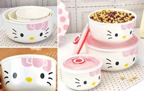 Bộ 3 thố sứ kitty có nắp đậy, úp mì, đựng thức ăn tiện lợi [BH: NONE]