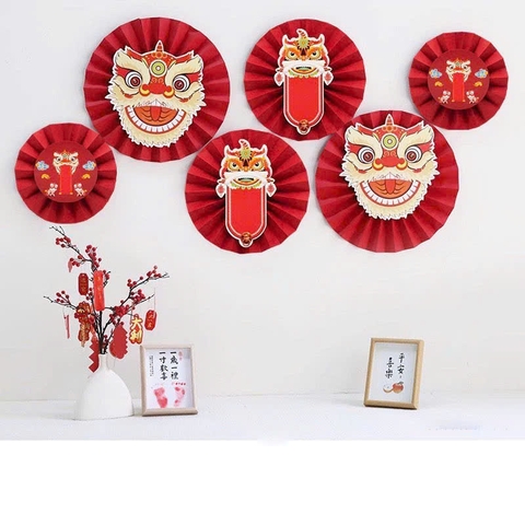 Combo 6  Bông hoa giấy tròn hình Đầu Lân trang trí Tết siêu đẹp [BH: NONE]