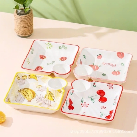 Đĩa sứ bán vuông có ngăn đựng nước chấm ăn dặm cho bé, đựng đồ ăn vặt tiện lợi [BH: NONE] 1l1b12