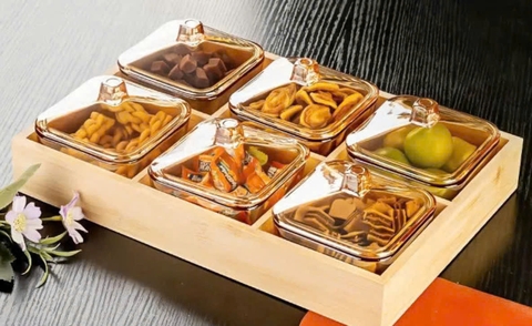 Khay đựng bánh mứt Tết thủy tinh 6 ngăn sang trọng [BH: NONE]