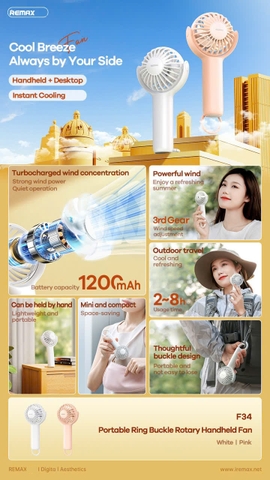 Quạt cầm tay REMAX F34 mẫu mới cầm tay có móc treo siêu đẹp chính hãng [BH 1 Năm]