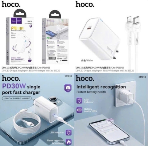 Bộ sạc nhanh 30w Hoco DMC10 kèm cáp typec ra iphone ( c-l ) có led báo sạc mẫu mới [BH 1 Năm]
