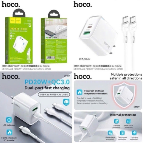 Bộ sạc nhanh 20w Hoco DMC9 cóc 2 cổng sạc (1 usb 1 type c)  kèm cáp type c ra type c (C-C) chính hãng [Bh 1 Năm]