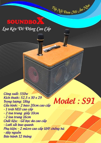 Loa bluetooth karaoke SOUNDBOX S91 bọc da cao cấp kèm 2 micro siêu hay [BH 1 Năm]