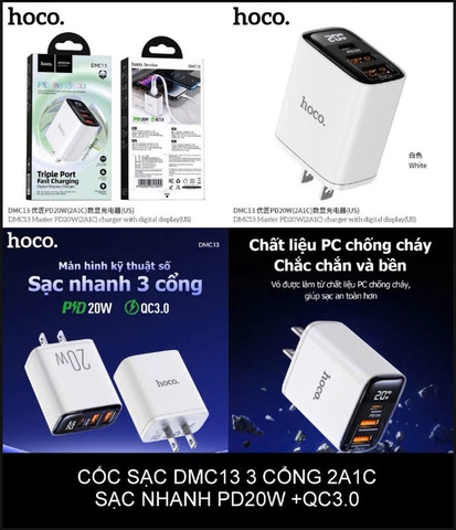 Cóc sạc nhanh 20w HOCO DMC13 cóc 3 cổng (2 cổng USB 1 cổng Type C) có màn LCD chính hãng [Bh 1 Năm]