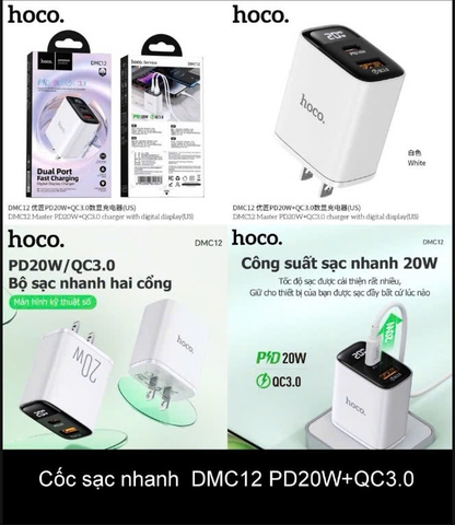 Cóc sạc nhanh 20w HOCO DMC12 cóc 2 cổng (1 cổng USB 1 cổng Type C) có màn LCD chính hãng [Bh 1 Năm]