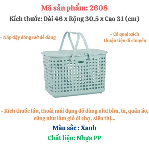 Giỏ nhựa chữ nhật VN2608 có quai xách nắp đậy đựng quần áo, đồ đi sanh cho mẹ bỉm (lán nhựa) [BH: NONE]