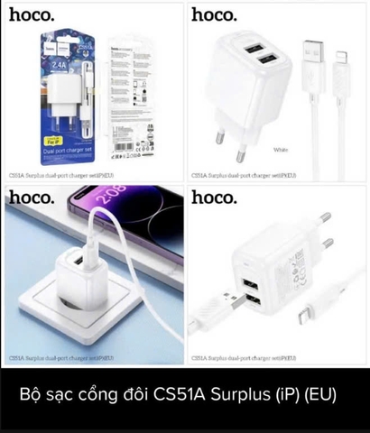 Bộ sạc nhanh 2.4A HOCO CS51A cóc 2 cổng usb kèm 1 cáp sạc usb ra iphone chính hãng [BH 1 Năm]