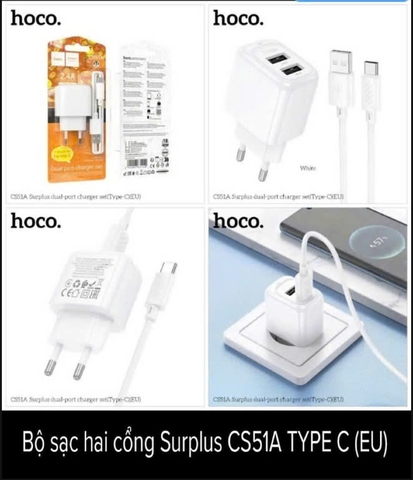 Bộ sạc nhanh 2.4A HOCO CS51A Type c cóc 2 cổng usb kèm 1 cáp sạc usb ra Type C chính hãng [BH 1 Năm]