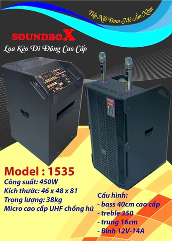 Loa di động Karaoke SOUNDBOX 1535 công suất 450w mẫu mới siêu đẹp kèm 2 micro chống hú siêu hay [BH 6 Tháng]