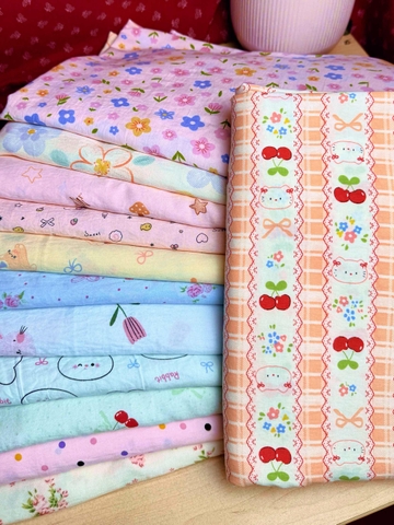 Vải Cotton hàn (đũi lạnh) in hoa, hình cute - may bộ, đầm, handmade, decor (dài 1m, khổ 1m6, vải cắt liền)