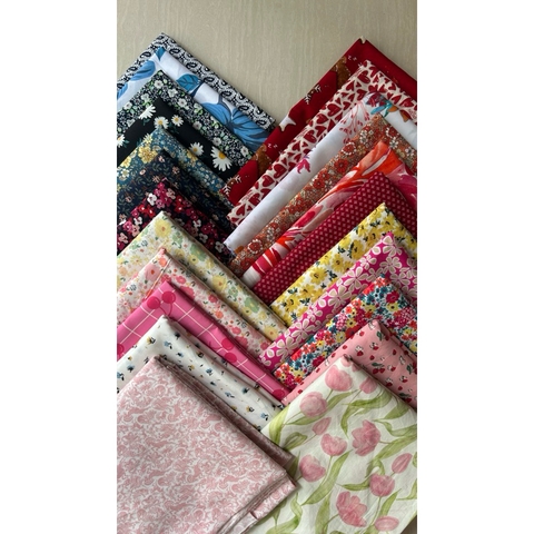 Vải Thô cotton in hoa, trái tim - may đầm, bộ, handmade, decor (dài 1m, khổ 1m45, vải cắt liền)