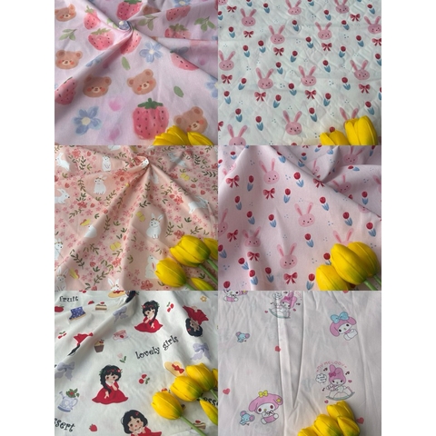 Vải Thô cotton hình động vật, búp bê - may quần áo bé gái, handmade, decor (dài 1m, khổ 1m45, vải cắt liền)