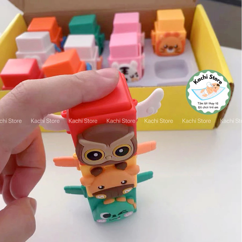hộp đồ chơi khối xếp chồng jenga, 12 khối nhấn vui nhộn cho bé, đồ chơi tương tác