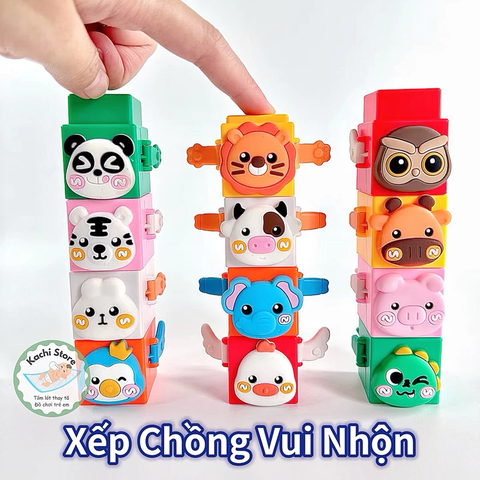 hộp đồ chơi khối xếp chồng jenga, 12 khối nhấn vui nhộn cho bé, đồ chơi tương tác