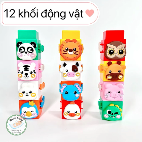 hộp đồ chơi khối xếp chồng jenga, 12 khối nhấn vui nhộn cho bé, đồ chơi tương tác