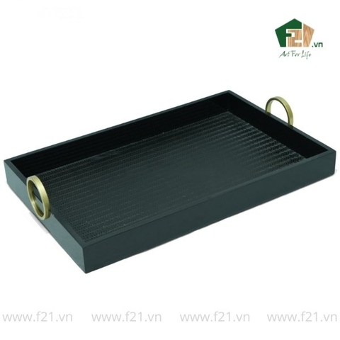 Khay chữ nhật sơn mài họa tiết dập nổi có tay cầm kim loại